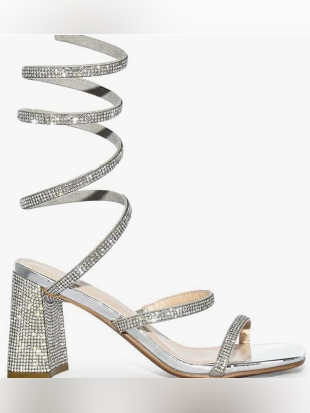 Wild Diva Silver Rhinestone Spiral Wrap Strap Square Toe Low Block Heels Size 6